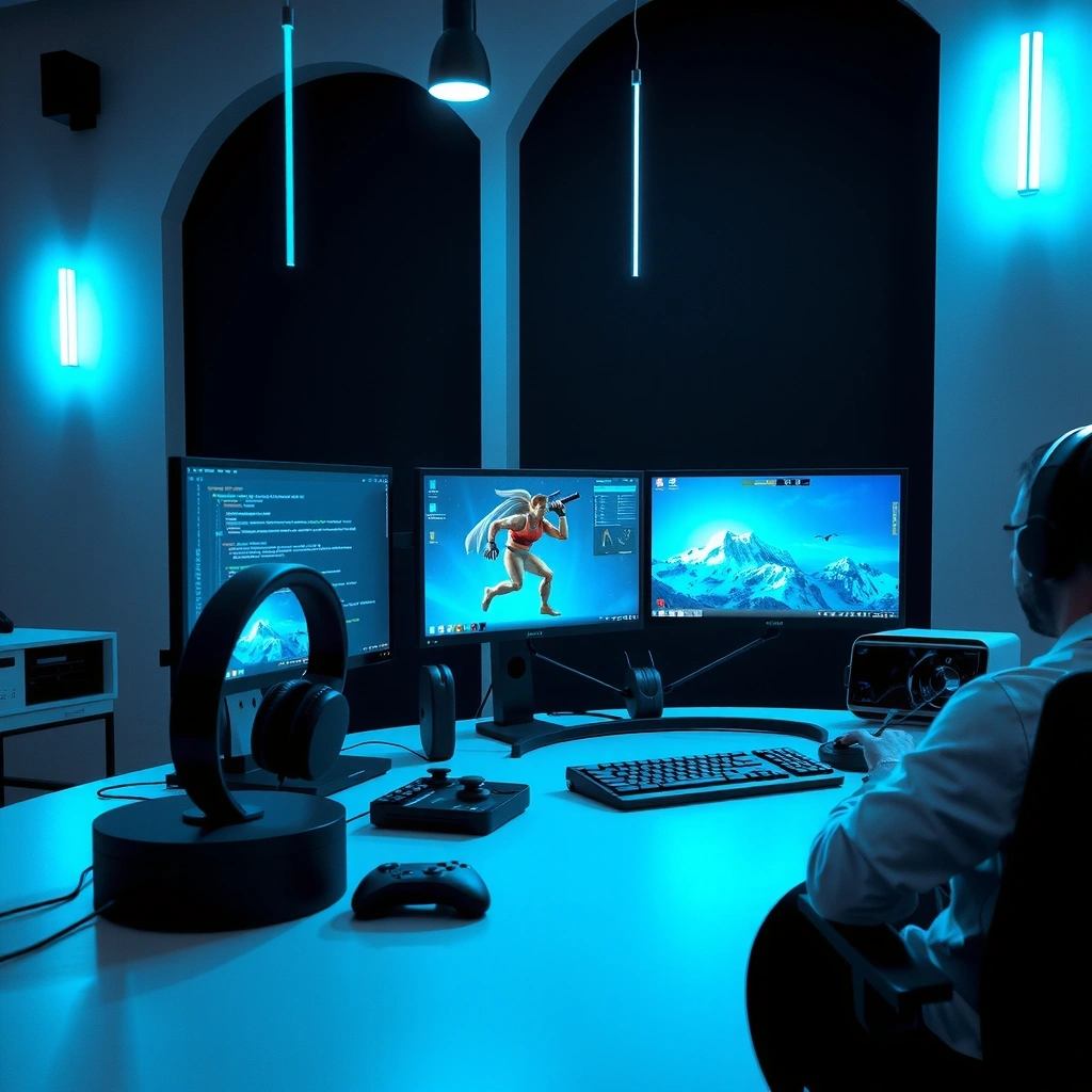 Gaming development workspace with multiple monitors